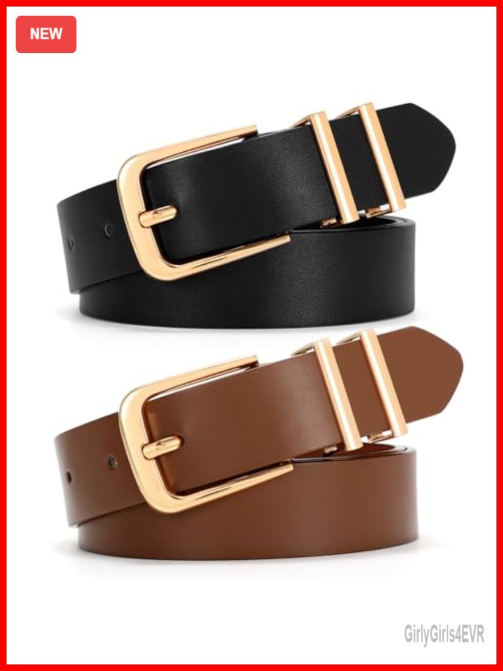 2 Pack Women Faux Leather Belt Gold Buckle 1 Inch Waist Belt for Jeans Pants